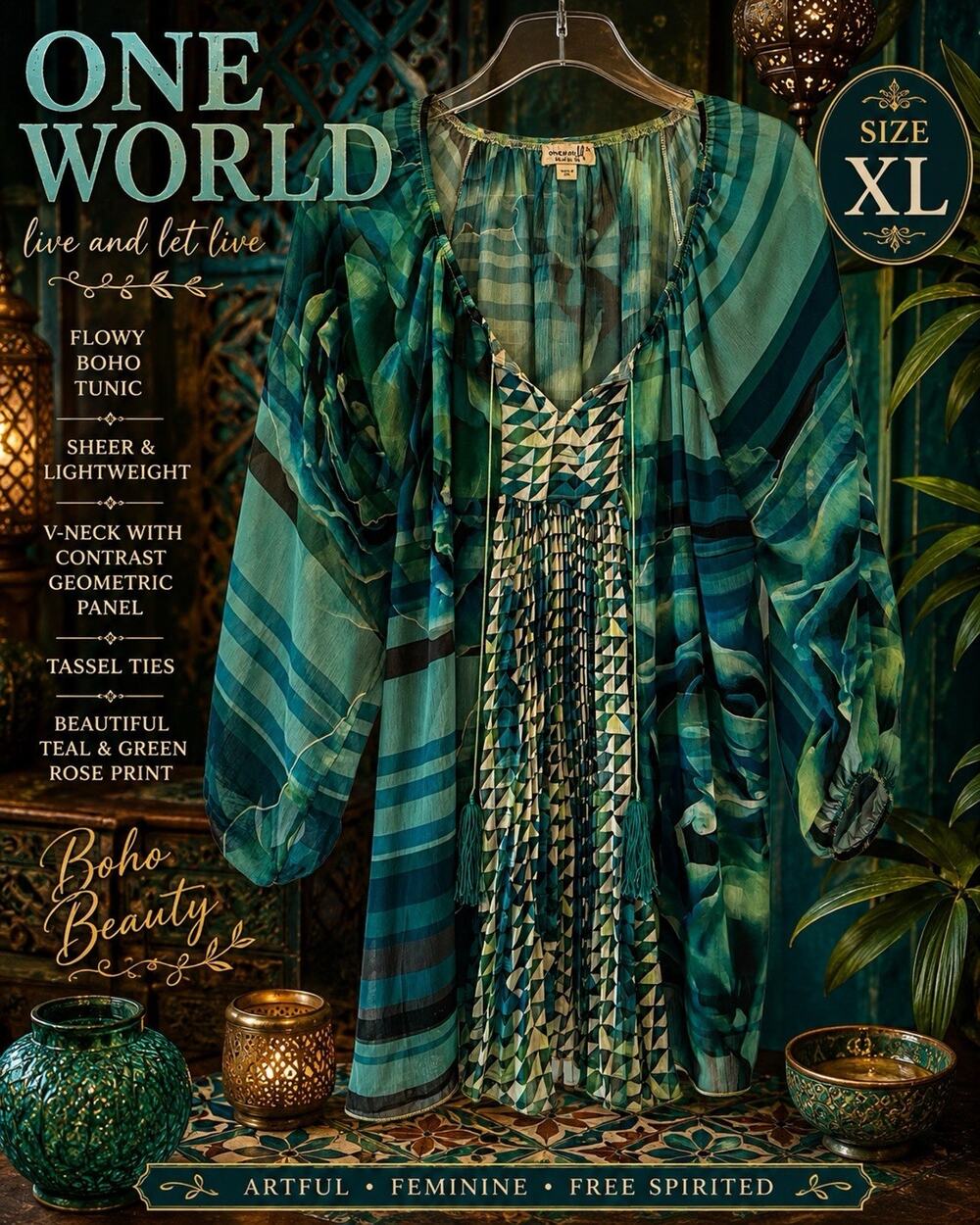 💞 One World XL Teal Green Boho Tunic Top Sheer Floral Geometric Tassel Artsy